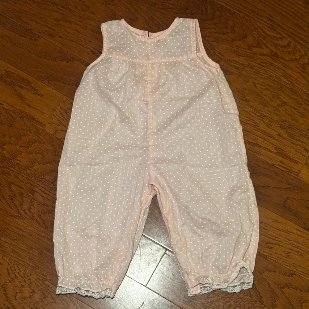 Vintage 1980s Nanette Baby Girl Pink Polka Dot Romper Size Up to 6 Months